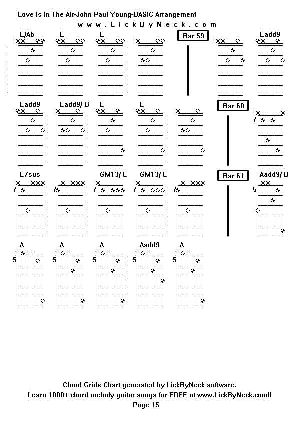 Chord Grids Chart of chord melody fingerstyle guitar song-Love Is In The Air-John Paul Young-BASIC Arrangement,generated by LickByNeck software.